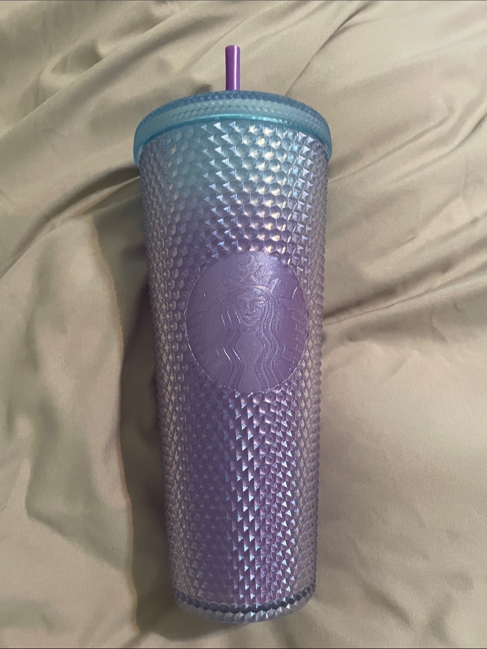 Starbucks Iridescent Lavender Studded Tumbler with Blue Lid and Purple Straw